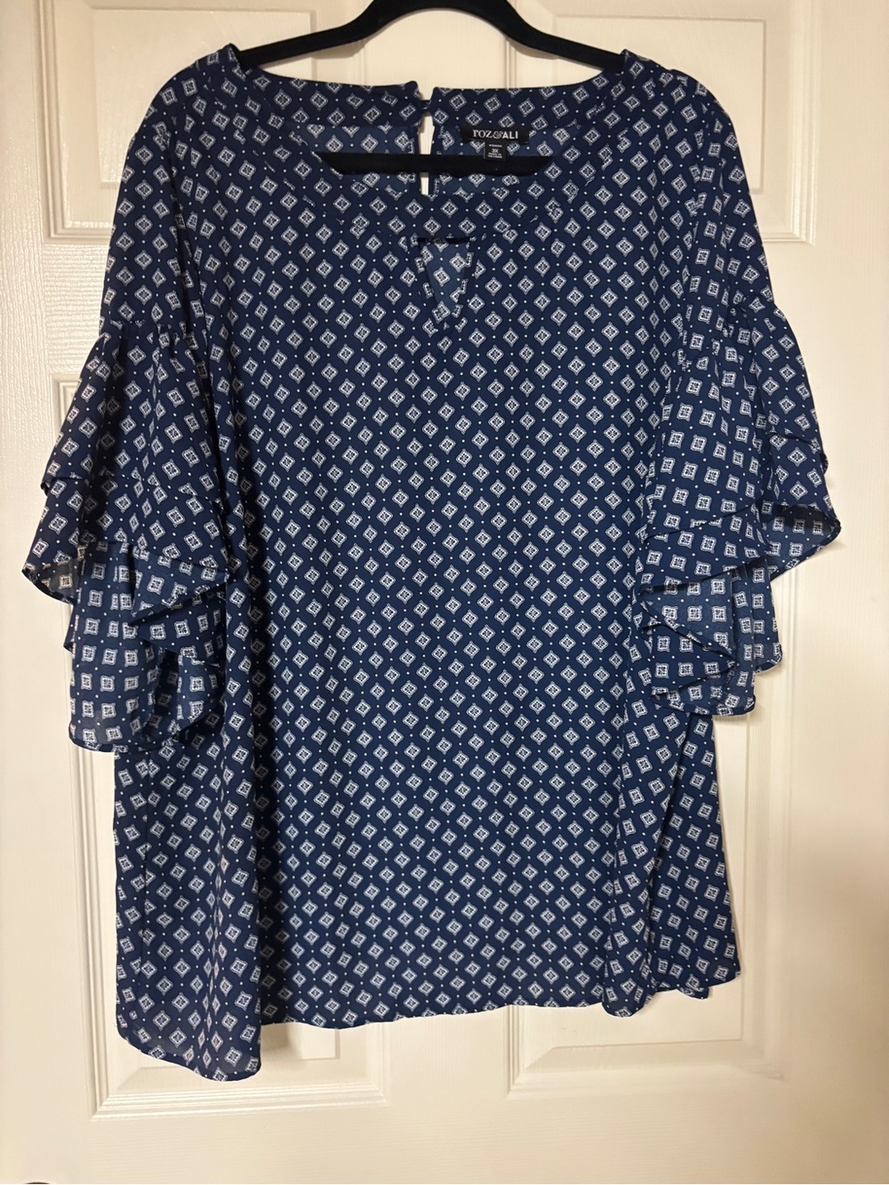 Women's Blue Patterned Ruffle Sleeve Top